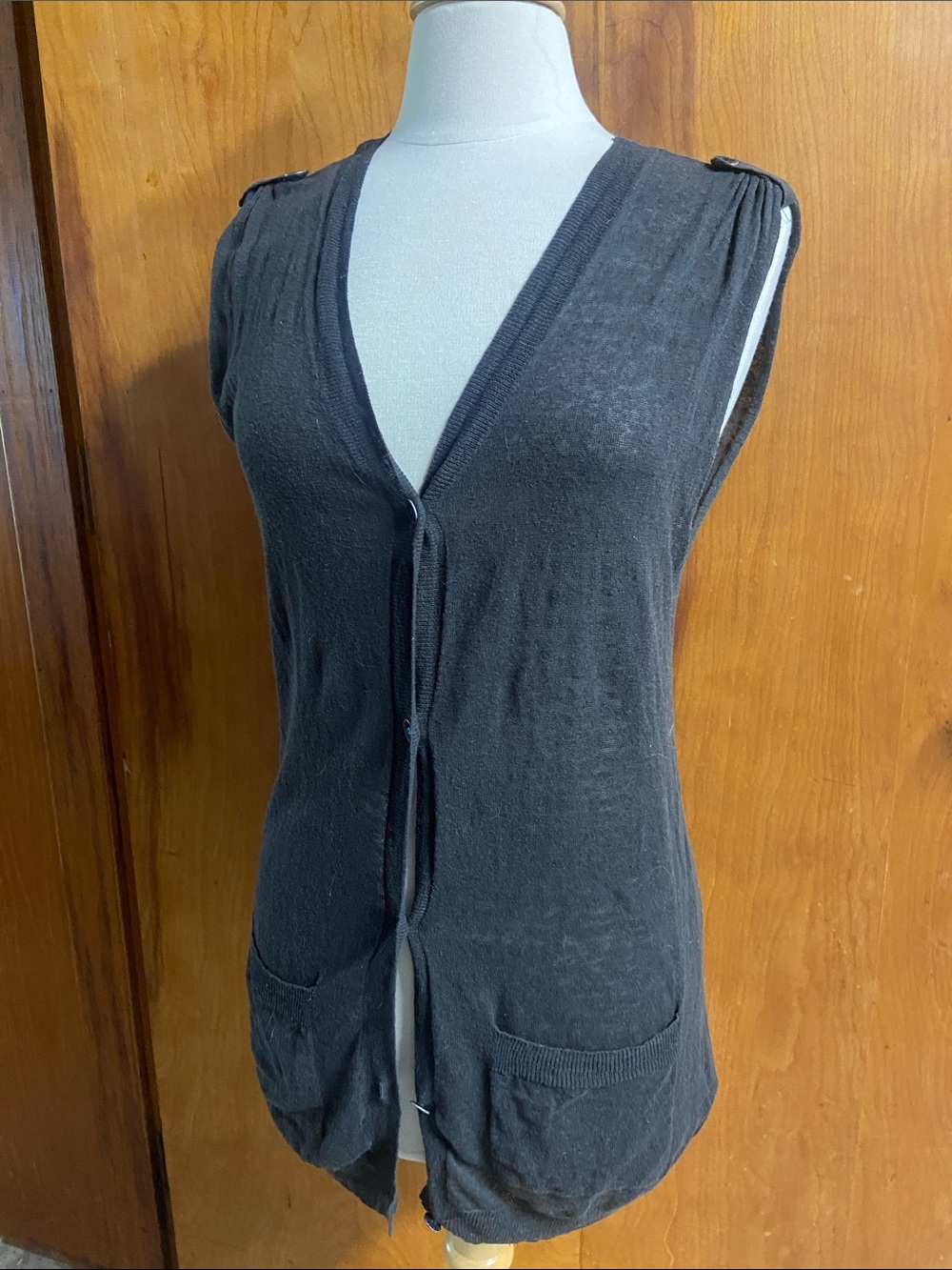 Rogan for Target Black Sleeveless V-Neck Button Vest Gray Linen Medium